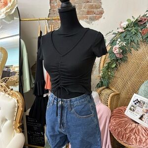 Black Ruched V-Neck Top